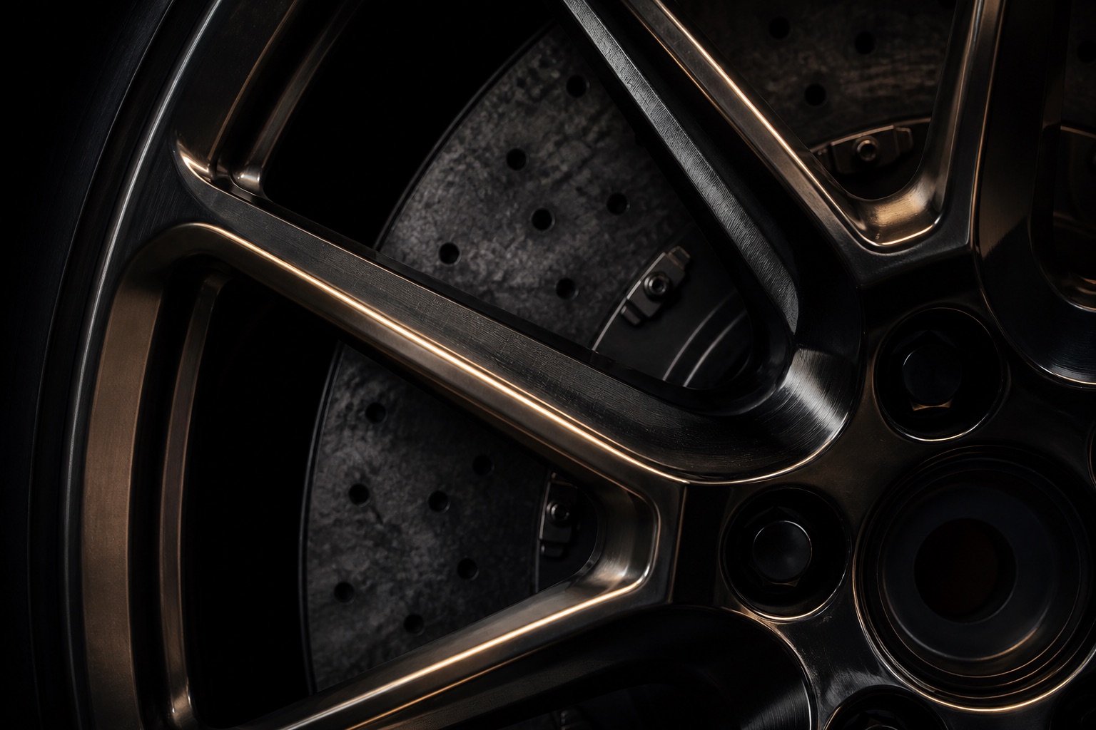 Forged alloy wheel spoke and carbon ceramic brake disc lit from one side